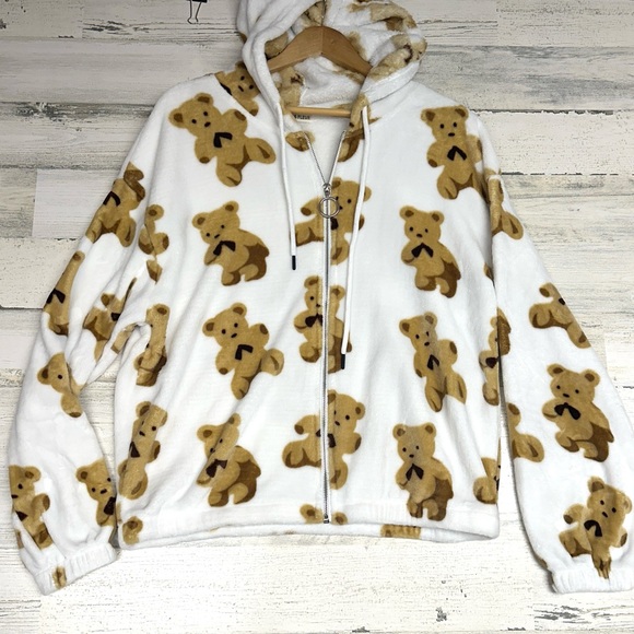 FIRE & FLEUR Teddy Bear Print Zip Up Sweatshirt Jacket Hoodie Jrs 2XL fits XL - Picture 2 of 6
